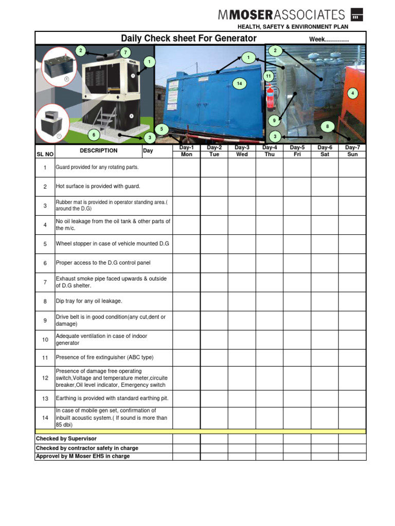 Weekly Health & Safety Checklist for Generators | PDF | Manufactured Goods