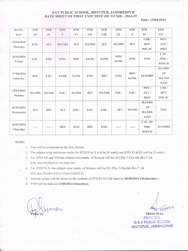 Datesheet-First Unit Test | PDF