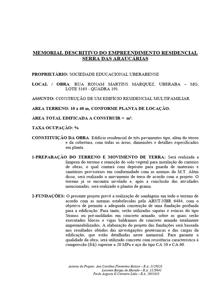 Memorial Descritivo Residencial | Download grátis PDF | Argamassa ...