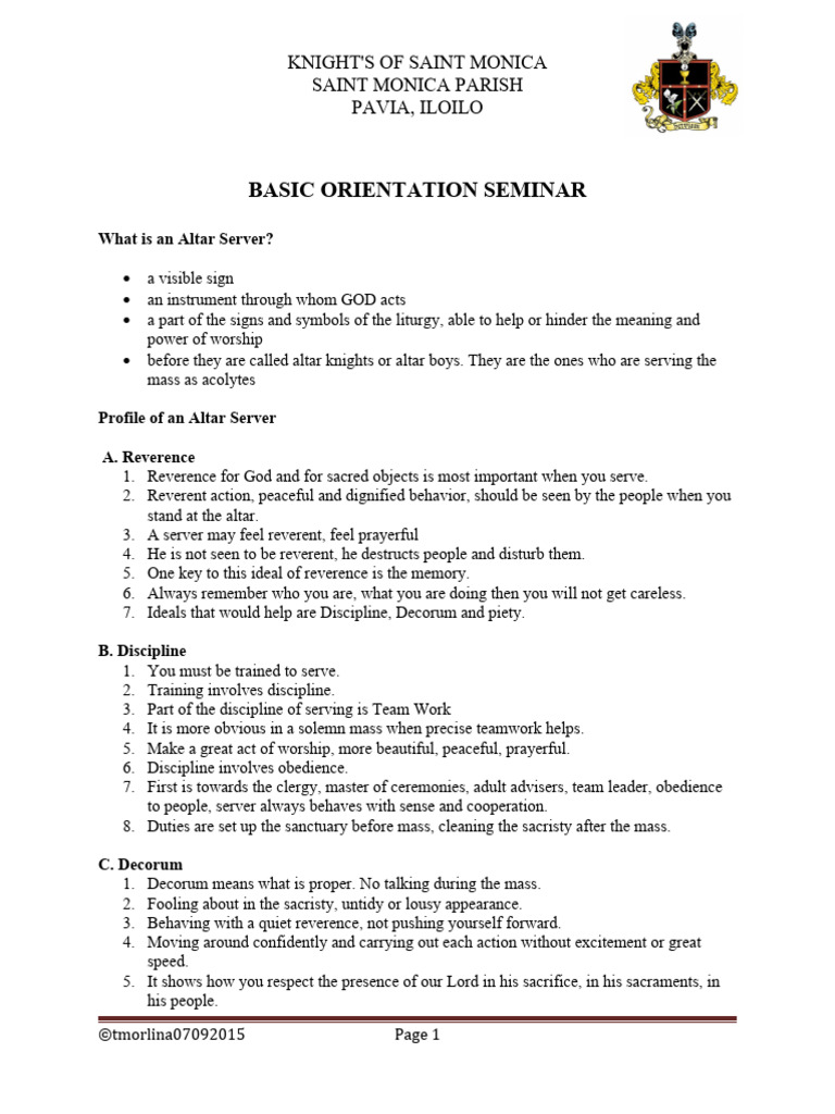 Altar Server Orientation Guide | PDF | Liturgical Year | Mass (Liturgy)