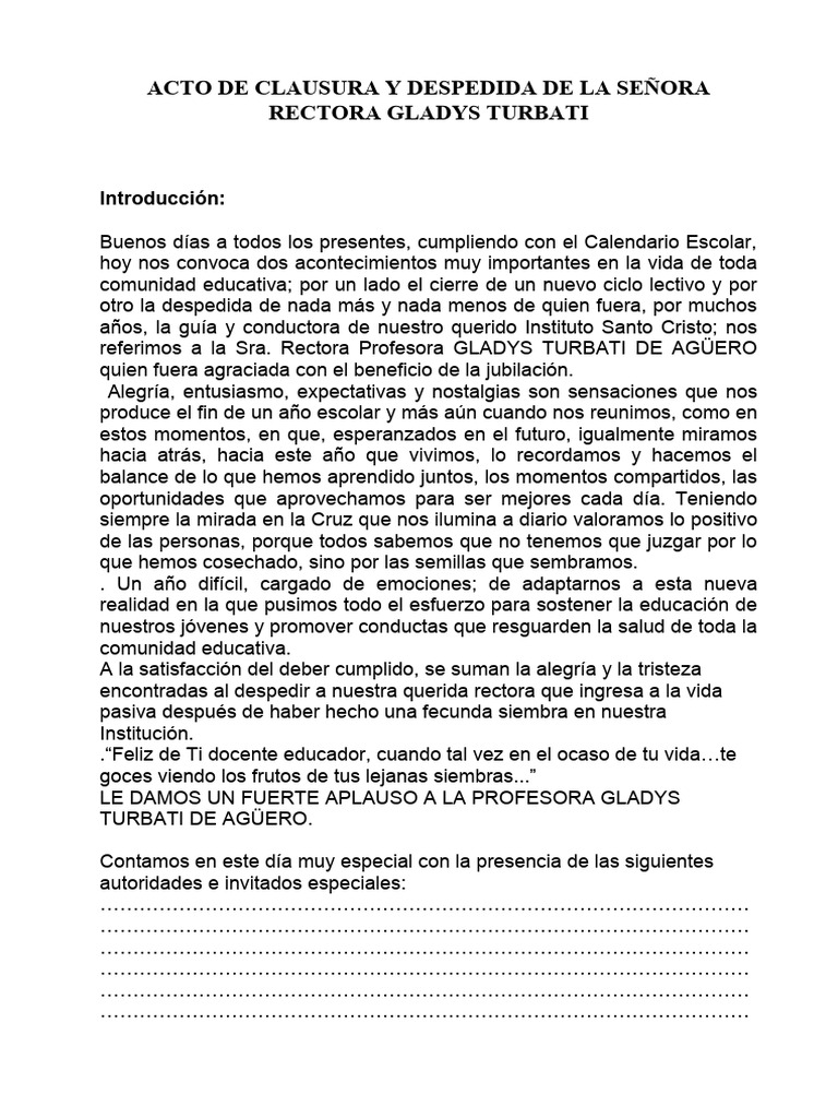 Acto Clausura y Despedida Rectora | PDF | Amor