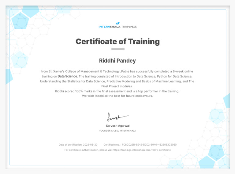 Data Science Training - Certificate of Completion | PDF | Business