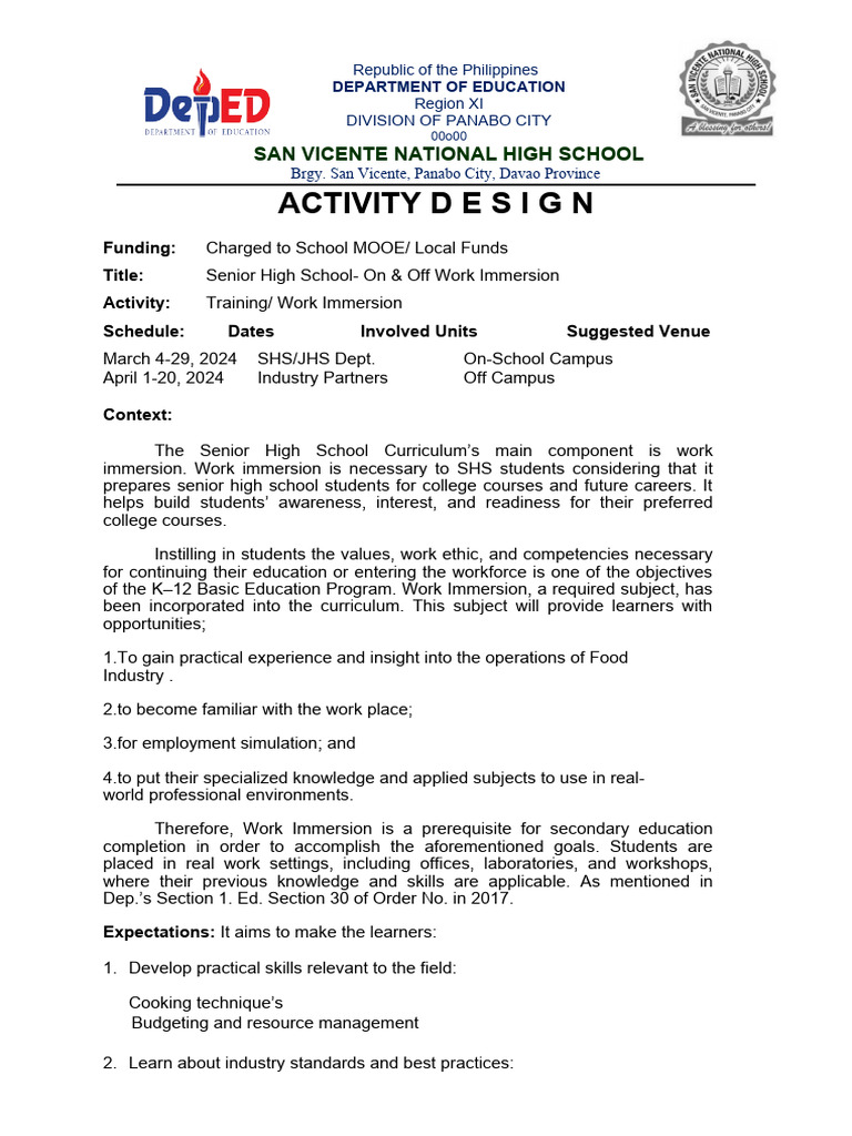 Senior High School Work Immersion Plan | PDF | Curriculum | Learning