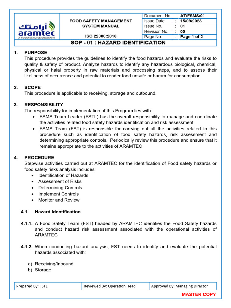 SOP-01 Procedure Fo Hazard Identification | PDF | Hazards | Food Safety
