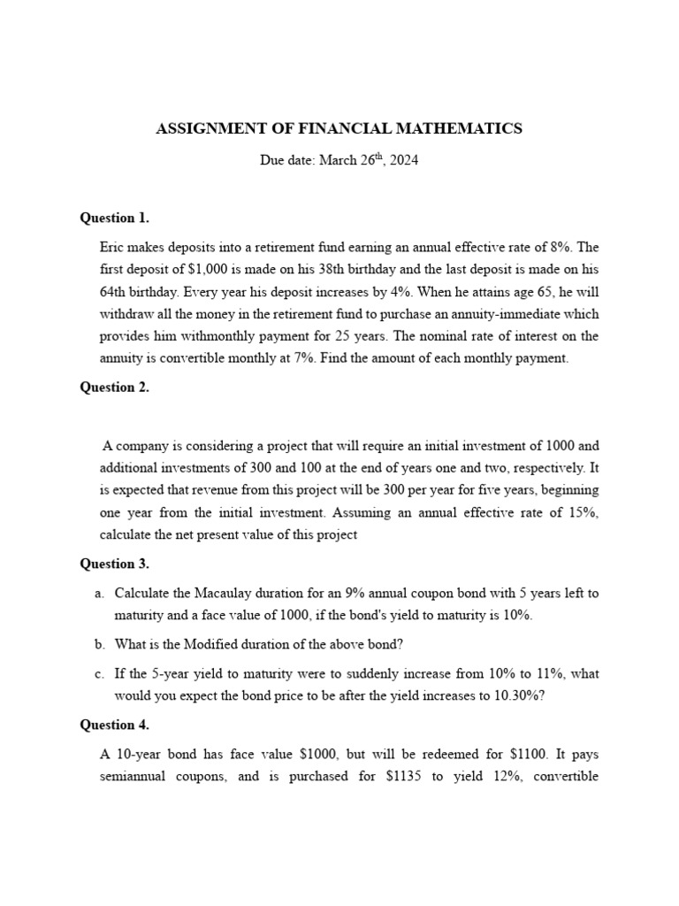 Assignment financial mathematics 12032024 pdf bonds finance