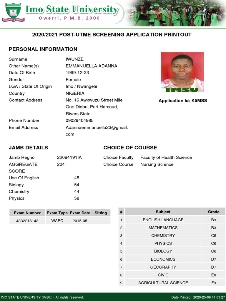 IWUNZEEMMANUELLA ADANNA Post Utme | PDF | Schools | Science