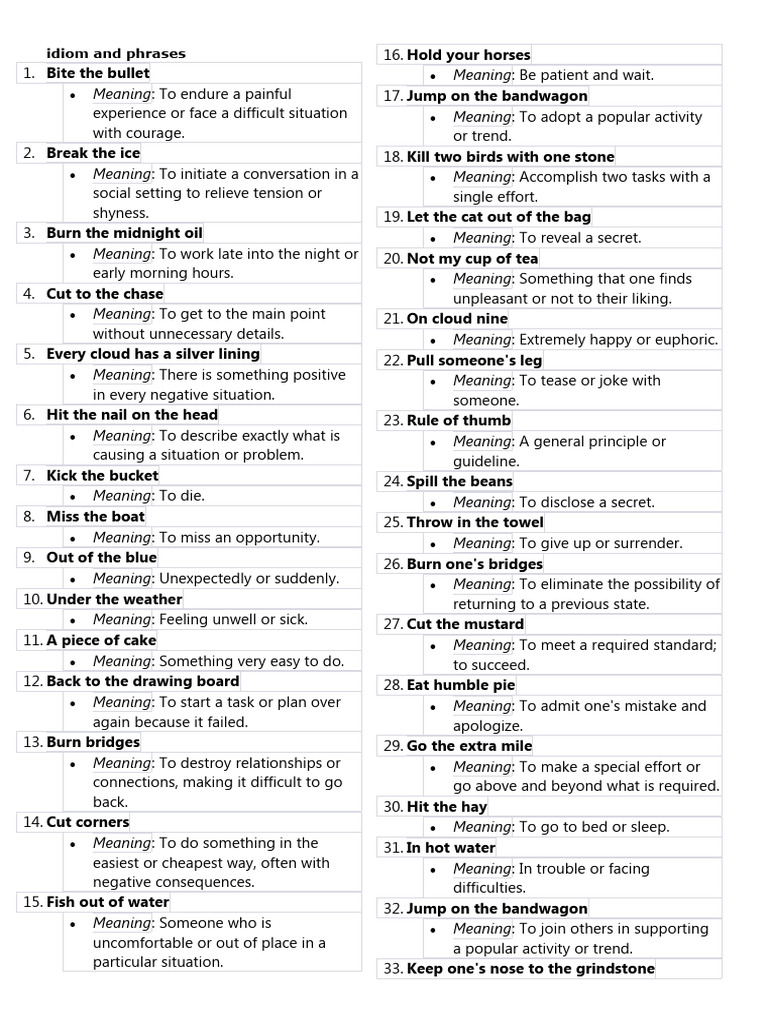 Idioms And Phrases With Meaning And Example Pdf Download English