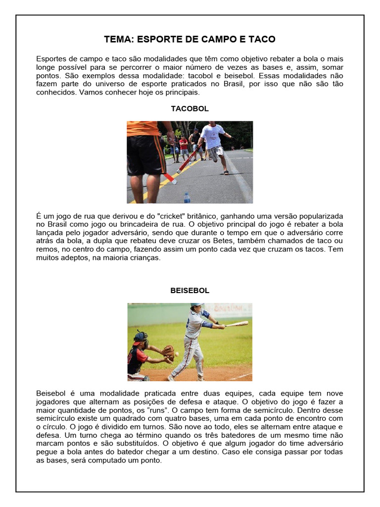 Esportes de Campo e Taco: Tacobol e Beisebol | PDF | Casa e Jardim