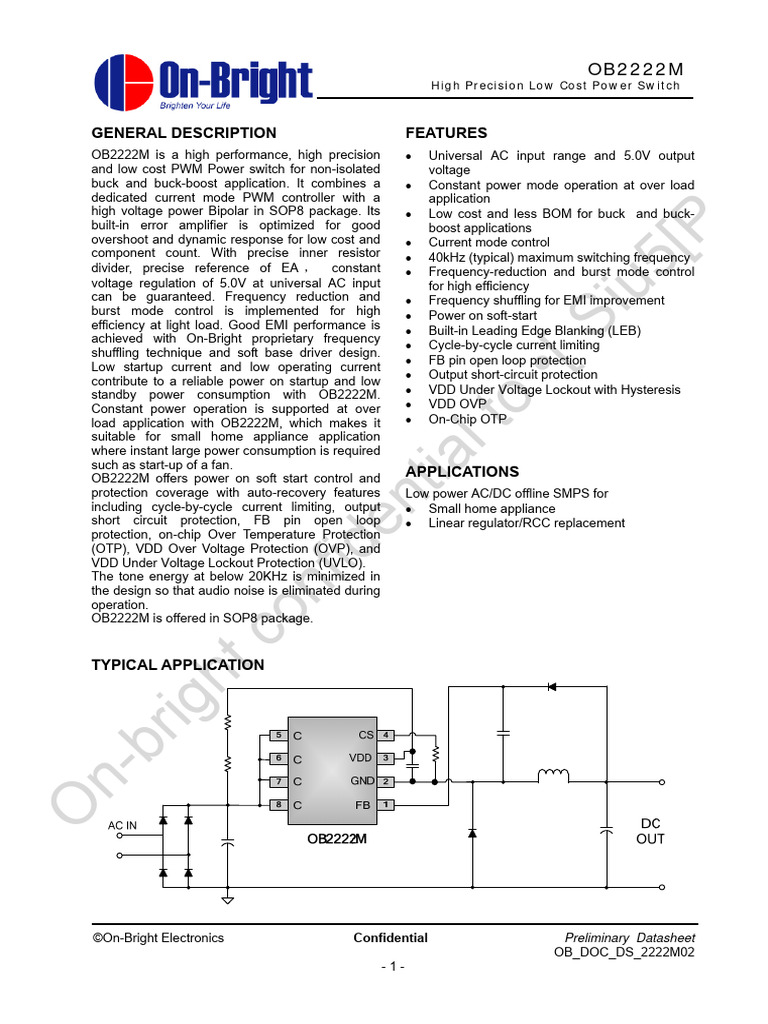 OB2222M Power Switch Datasheet | PDF | Power Supply | Bipolar Junction ...