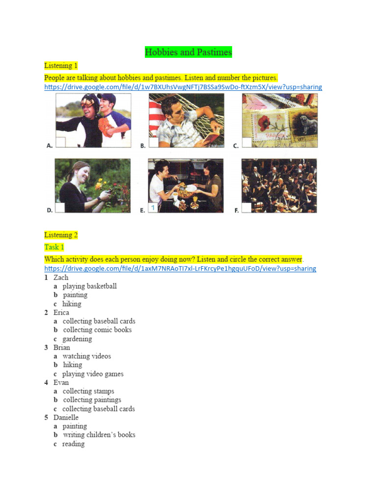 A2 Listening Hobbies And Pastimes Sent Pdf Hobbies