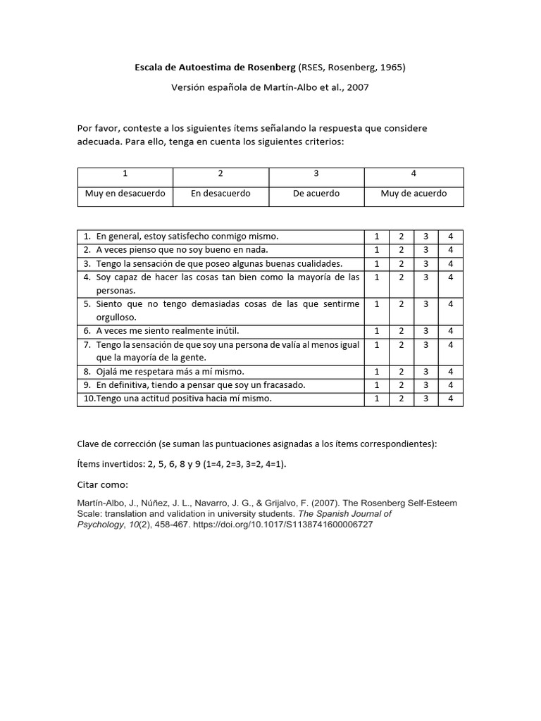Escala de Autoestima de Rosenberg 1965 | PDF