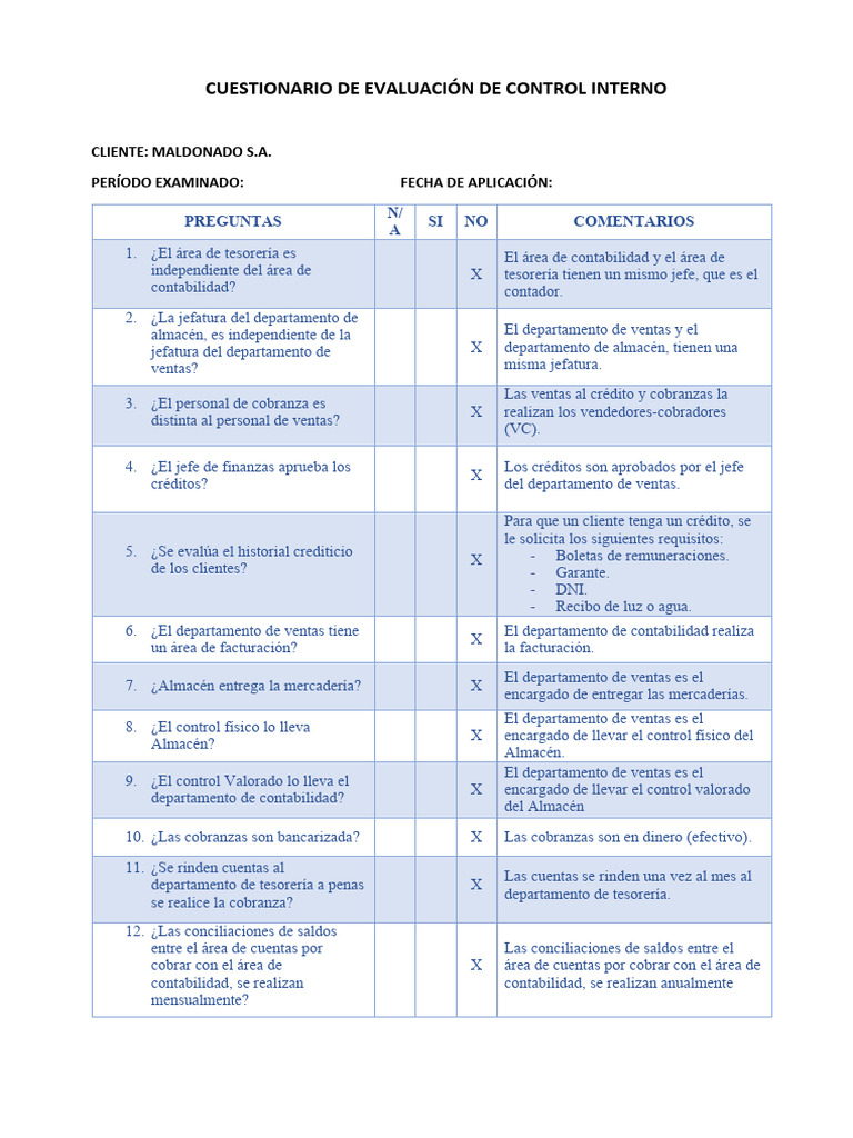 Cuestionario de Evaluación de Control Interno - Maldonado | PDF ...