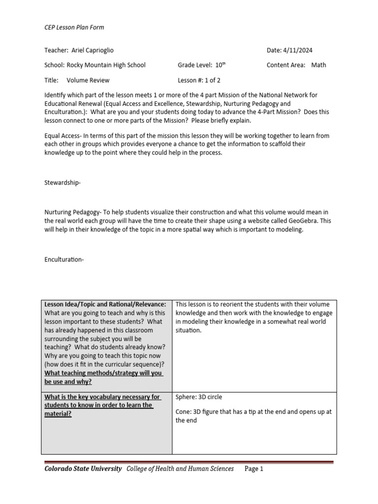 Cep Lesson Plan Id Day1-2 | PDF | Educational Assessment | Shape