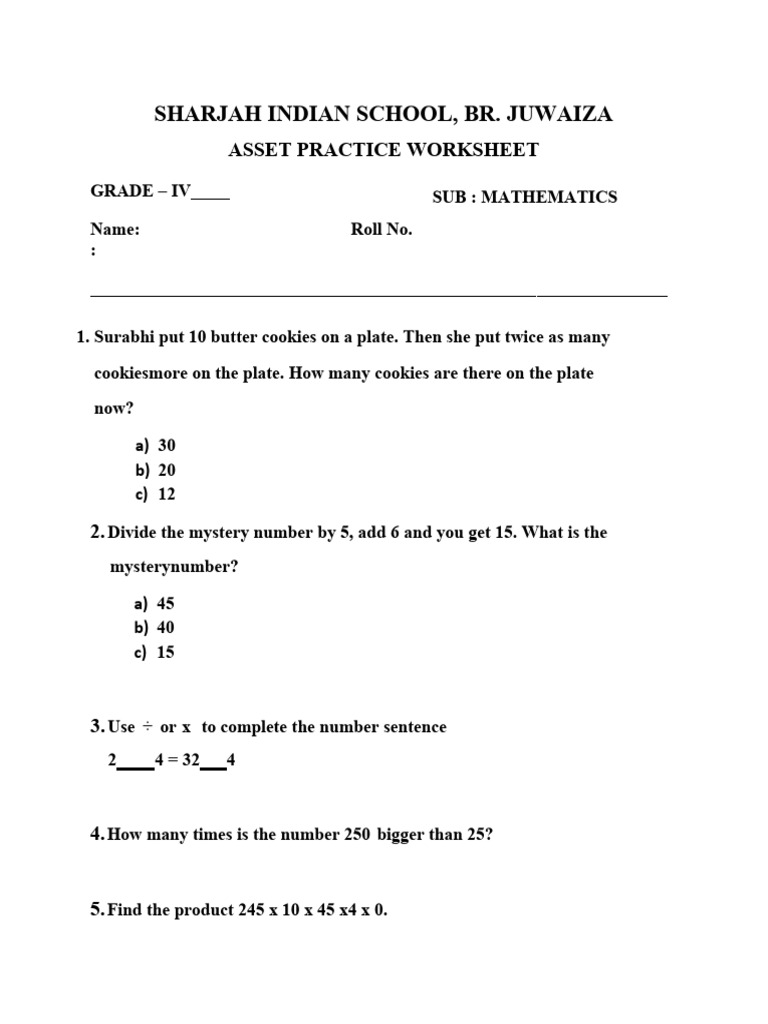 Grade 4 Mathematics Practice Worksheet | PDF