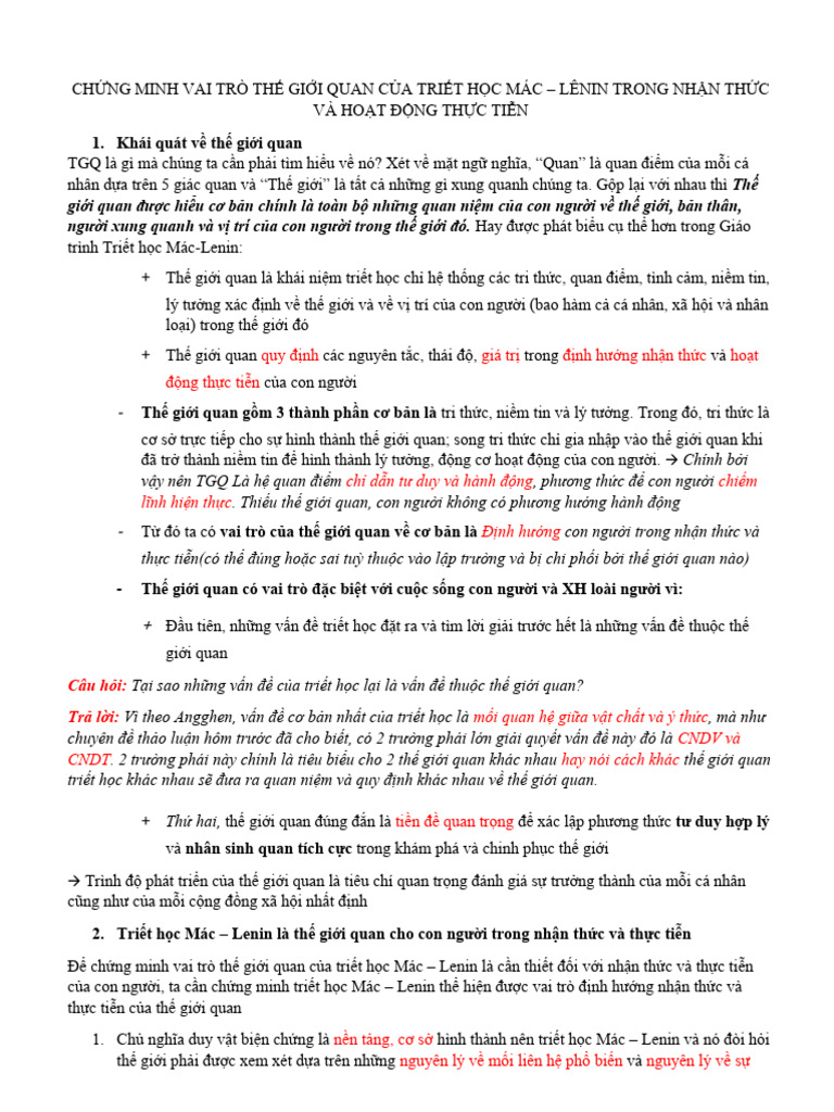 CHỨNG MINH VAI TRÒ THẾ GIỚI QUAN CỦA TRIẾT HỌC MÁC | PDF