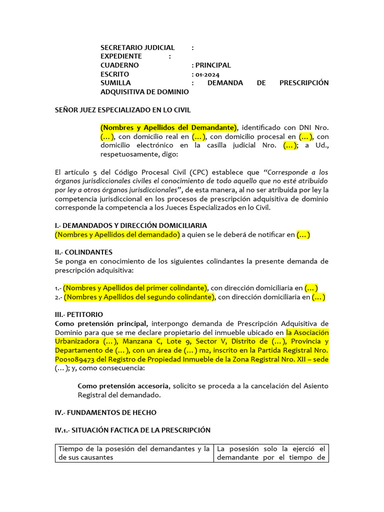 Demanda de Prescripción Adquisitiva | PDF | Posesión (Ley) | Propiedad