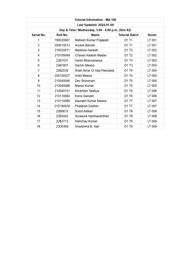 MA 106 Tutorial Schedule 2024 | PDF