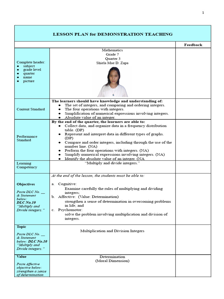 Zapa FTF Corrected Lesson Plan | PDF | Multiplication | Integer