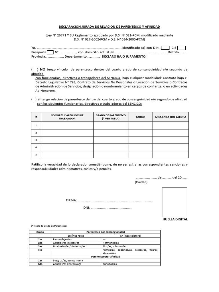 Declaración Jurada de Parentesco | PDF | Parentesco | Parentesco y descenso