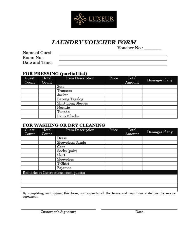Hotel Laundry Voucher Form Template | PDF
