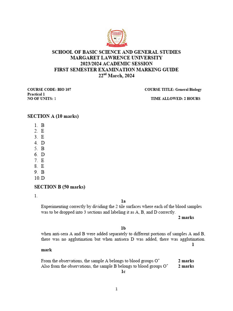 BIO 107 Marking Guide | PDF | Medical Specialties | Biology