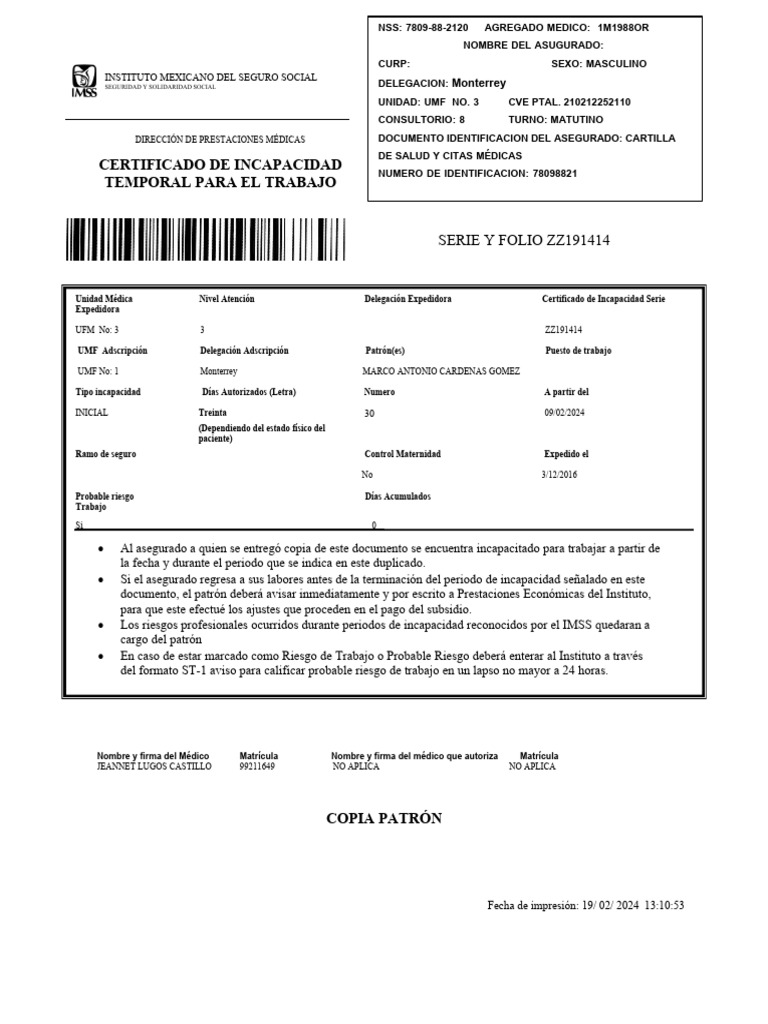 Certificado de Incapacidad IMSS | PDF | Cuidado de la salud