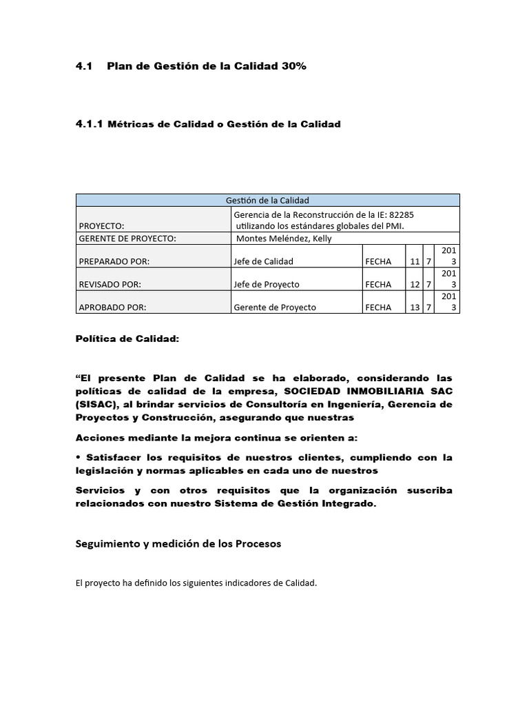 Plan de Gestión de Calidad en Proyectos | PDF | Calidad (comercial ...