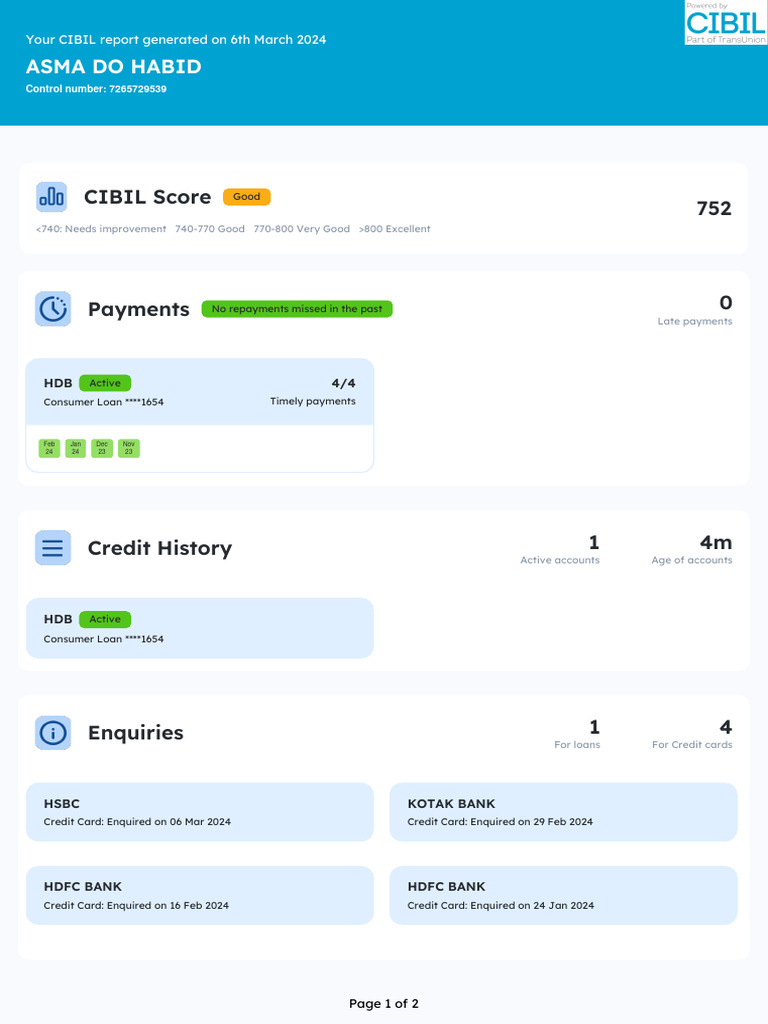 CIBIL Report Summary for ASMA DO HABID | PDF | Credit | Finance & Money ...