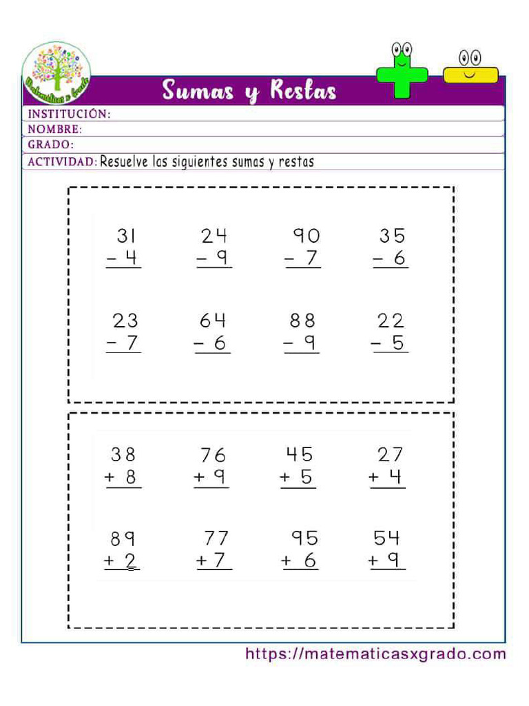 Ejercicios De Sumas Y Restas Para Primer Grado Pdf