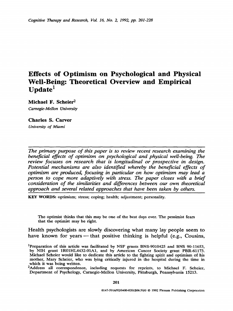 Effects of Optimism on Well-Being | PDF | Optimism | Psychology