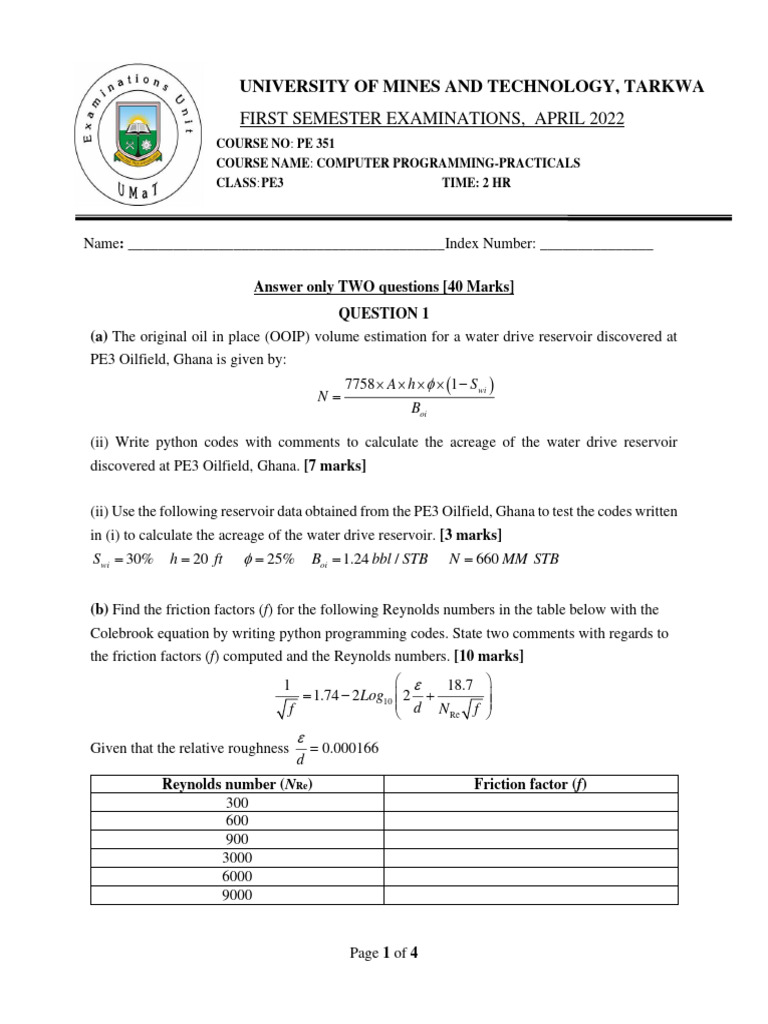 Comp Prog Practical Exams-2022 | PDF | Petroleum Reservoir | Chemical ...