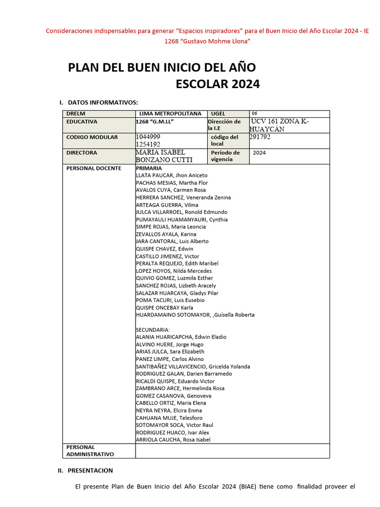 Plan Del Buen Inicio Del Año Escolar 2024 | PDF | Escuelas | Educación ...