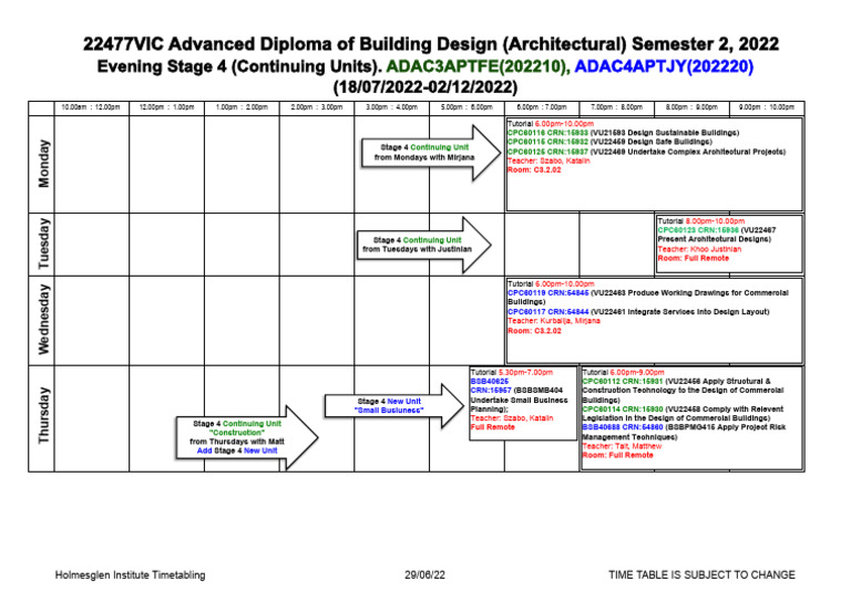 Advanced Diploma Building Design Timetable | PDF