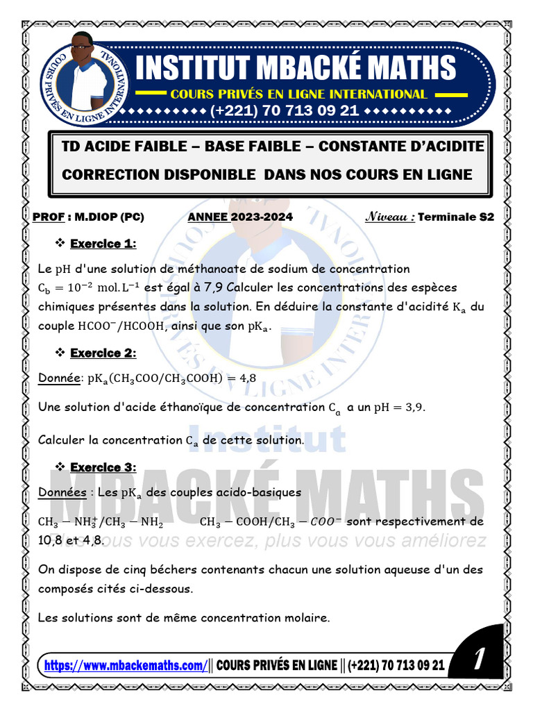 Exercices sur acides et bases faibles | PDF | Ph | Acide