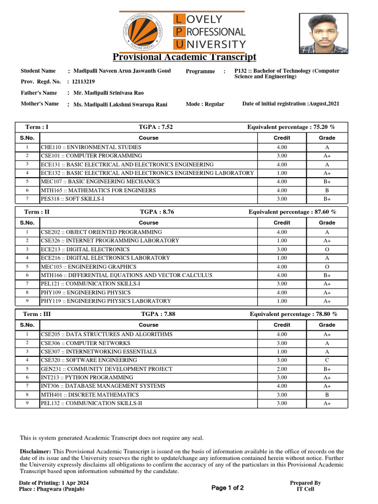 Provisional Academic Transcript Overview | PDF | Electronic Engineering ...