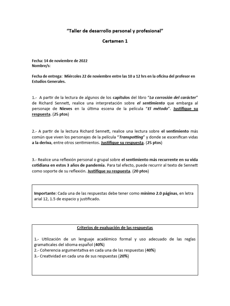 Certamen 1-Taller de Desarrollo Personal y profesional-UBB-2022-1 | PDF