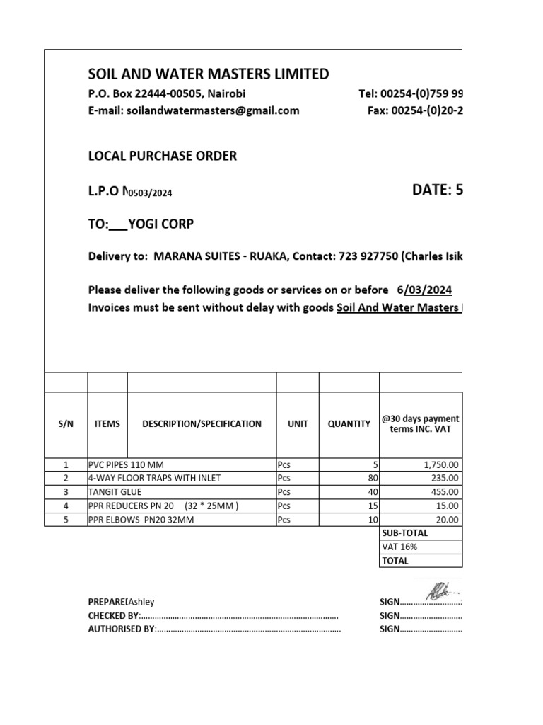 Local Purchase Order for PVC Pipes and Traps | PDF