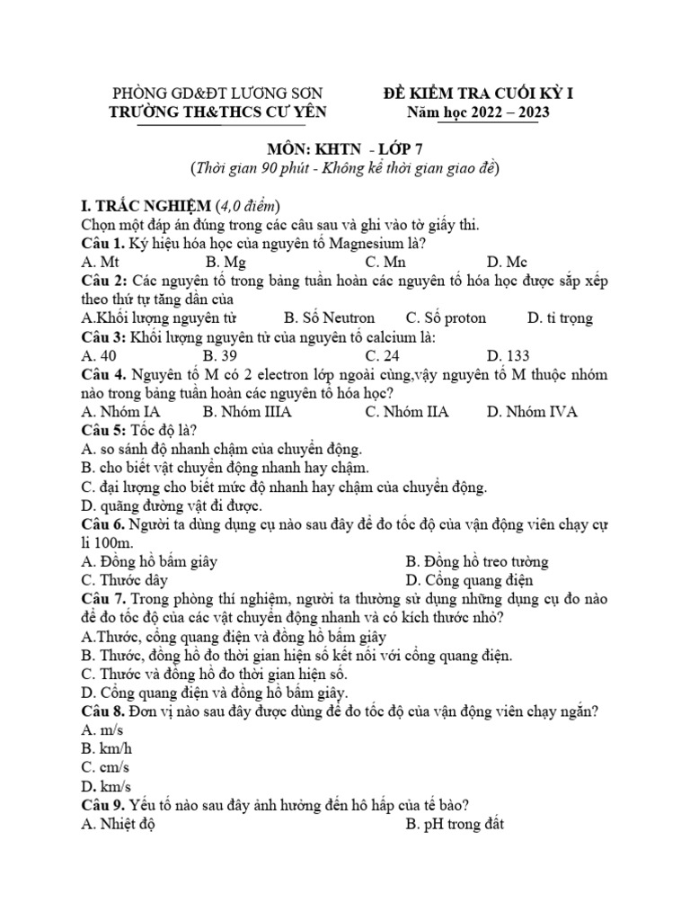 De Cuoi Ki 1 KHTN 7 | PDF