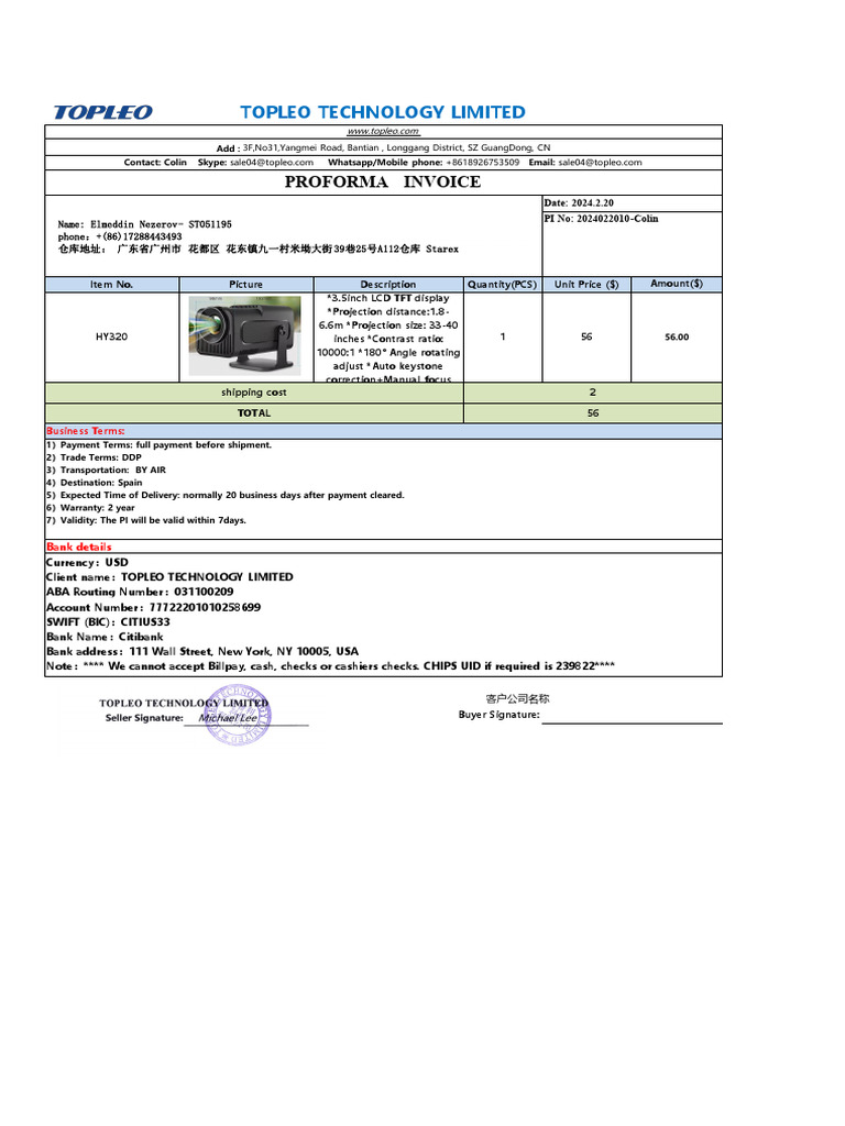 Proforma Invoice from Topleo Technology | PDF