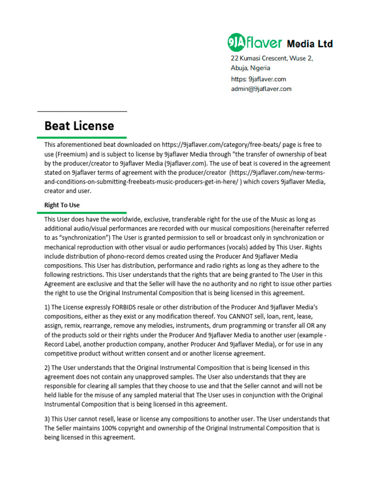 9jaflaver Beat License Agreement | PDF | Royalty Payment | License