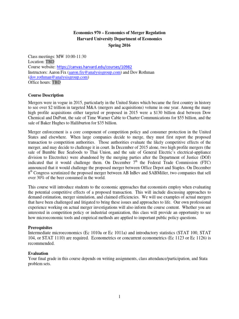 Rothman_Fix Syllabus v10 PDF Competition Law Mergers And Acquisitions