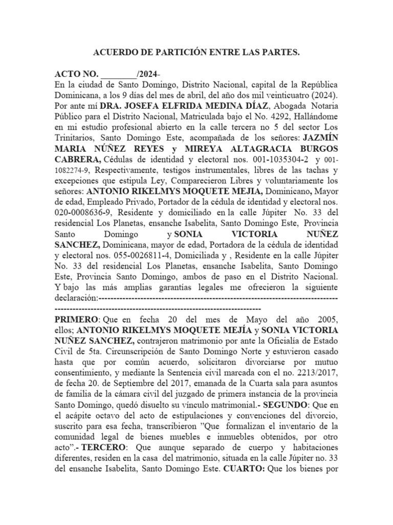 Acuerdo de Partición Entre Las Partes PDF República Dominicana