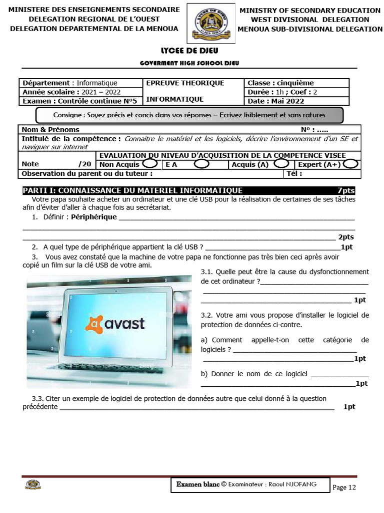 Examen Informatique 5ème - Mai 2022 | PDF | Logiciel | Application