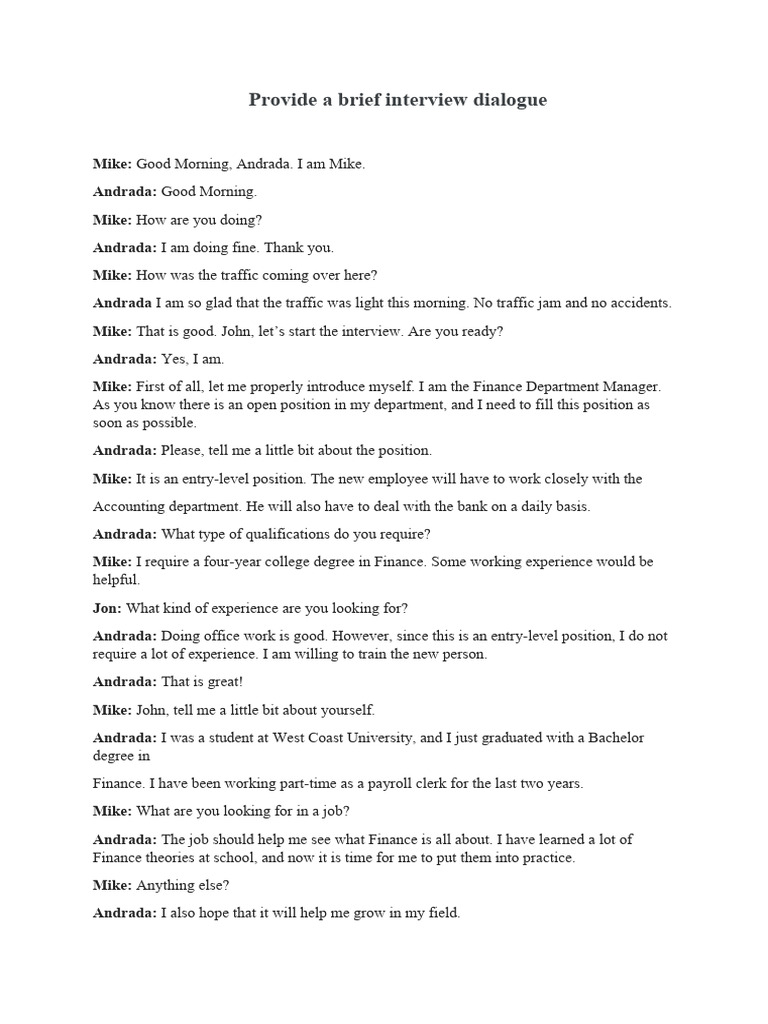 Entry-Level Finance Interview Dialogue | PDF