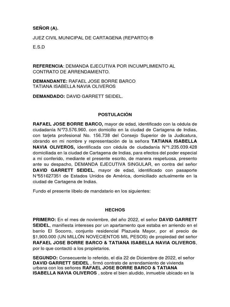 Demanda ejecutiva por incumplimiento contrato de arrendamiento pdf
