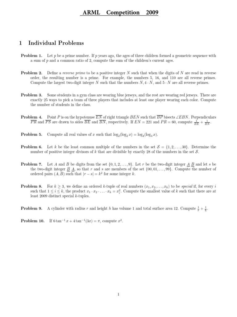 Week 24ARML TeamRelayIndividualPower Questions2009 Download Free