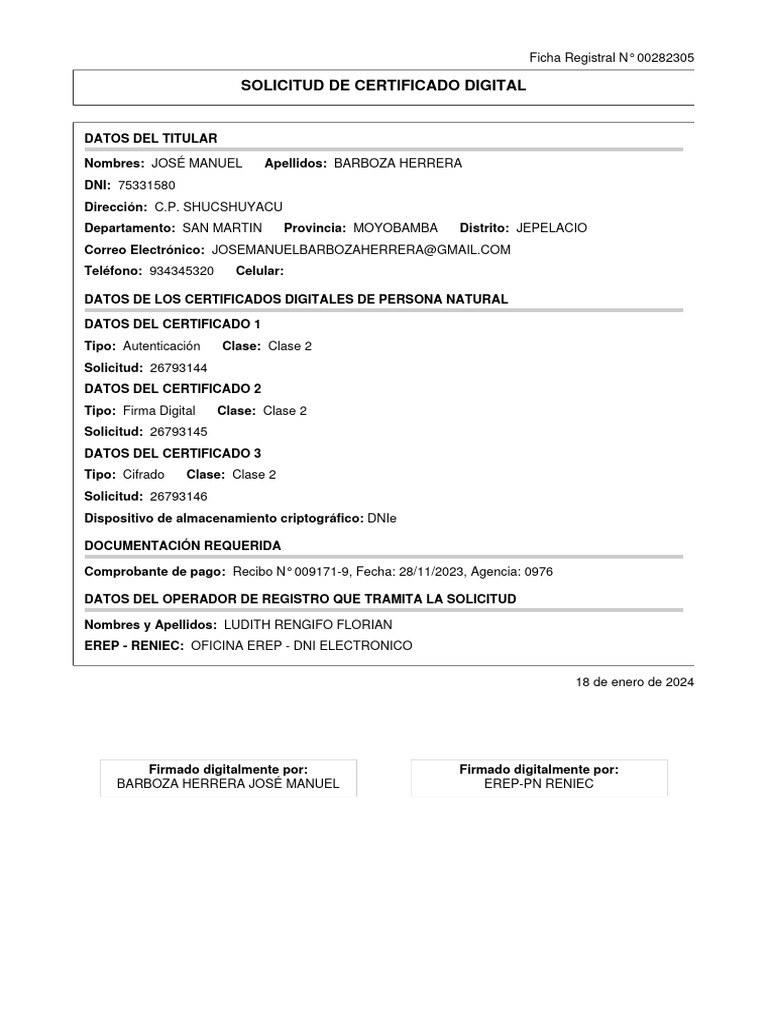 Solicitud de Certificado Digital RENIEC | PDF | Clave (criptografía ...