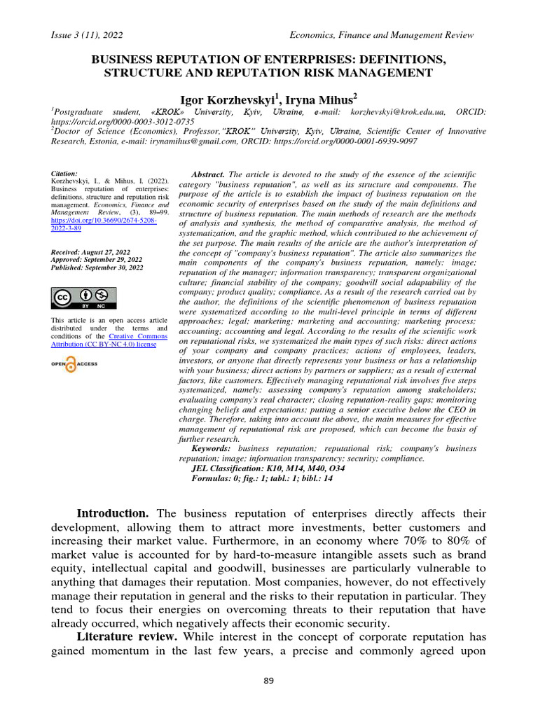 Business Reputation of Enterprises Definitions Structure and Reputation ...