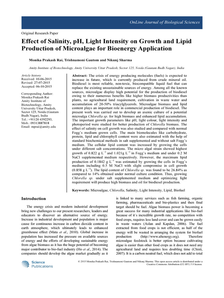 Salinity and Light Effects on Chlorella Growth | PDF | Algae Fuel