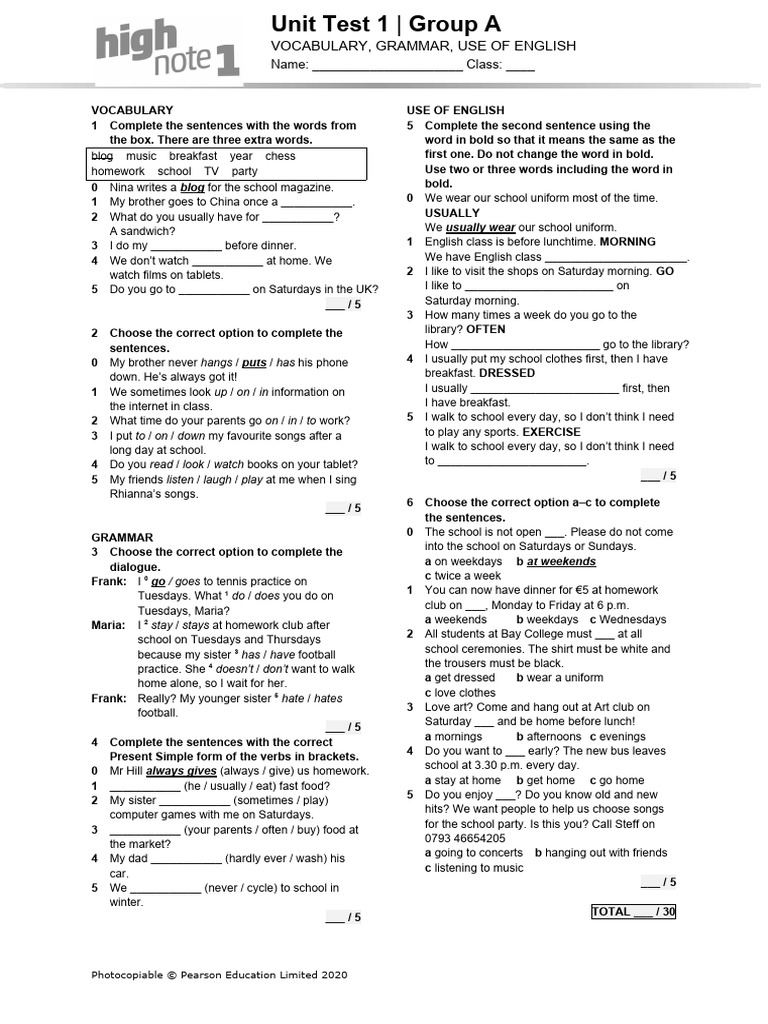 HighNote1 Unit Language Test Unit01 GroupA | PDF | Workweek And Weekend ...